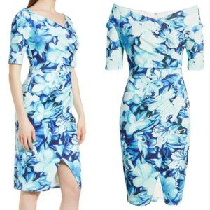 Tadashi Shoji Floral Body-Con Dress EUC V-Neck Ruched Half Sleeve Blue Floral